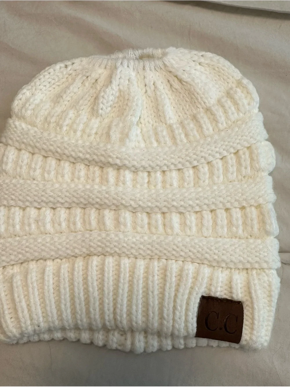 C.C Kids Cream Knit Cable Beanie with Leather Logo